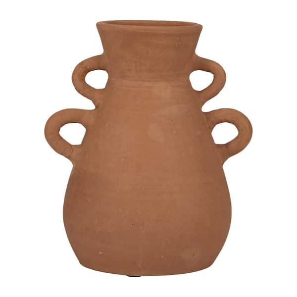 12 in. Brown Ceramic Amphora Four Handles Decorative Vase