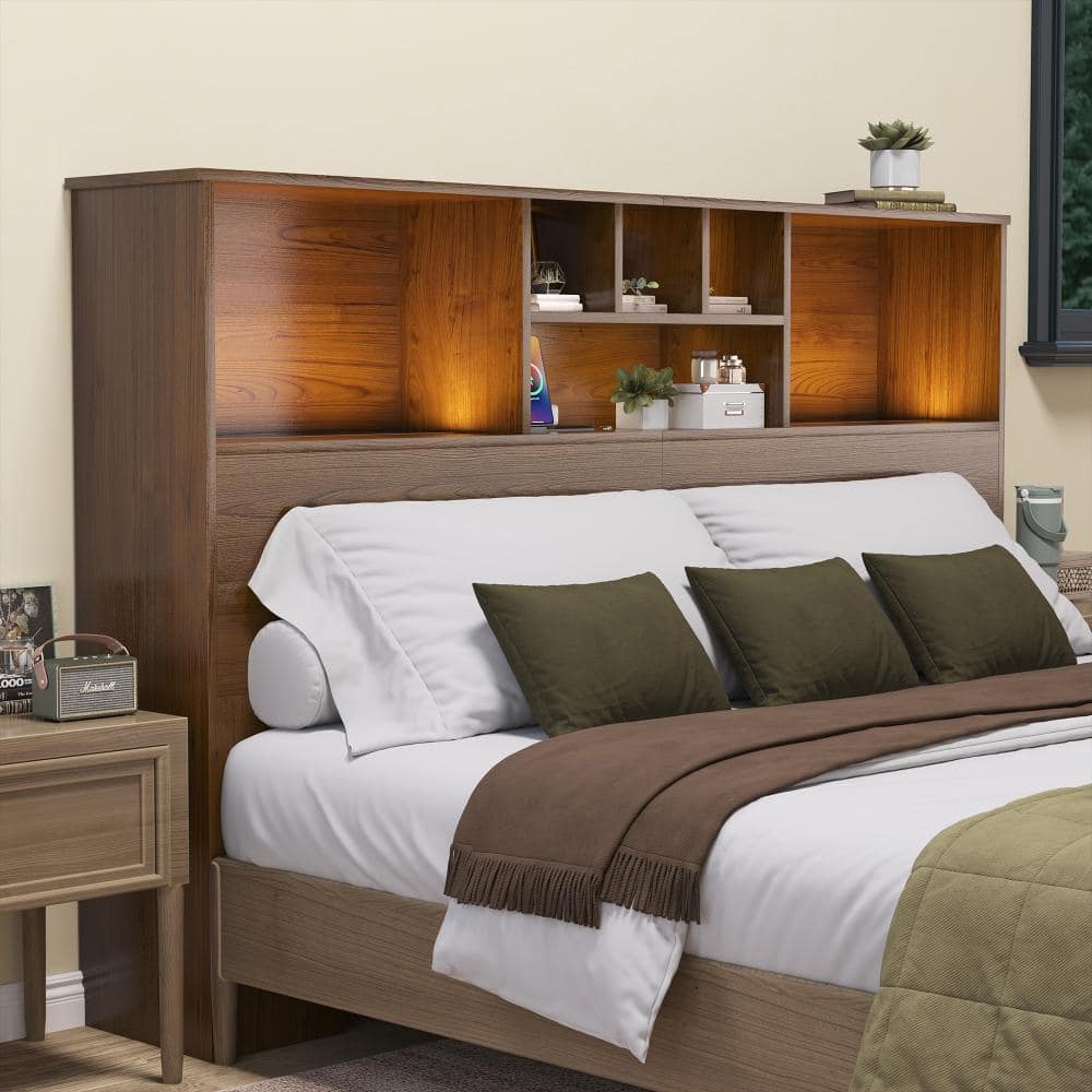 Modern Wooden Bookcase Headboard with Adjustable LED Lights and Charging Station for Queen and King Beds
