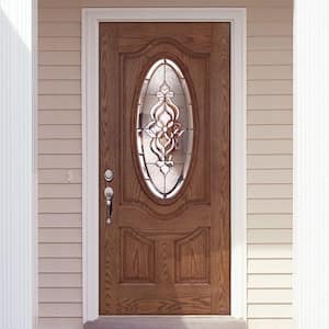 37.5 in. x 81.625 in. Lakewood Zinc 3/4 Oval Lite Stained Medium Oak Left-Hand Inswing Fiberglass Prehung Front Door