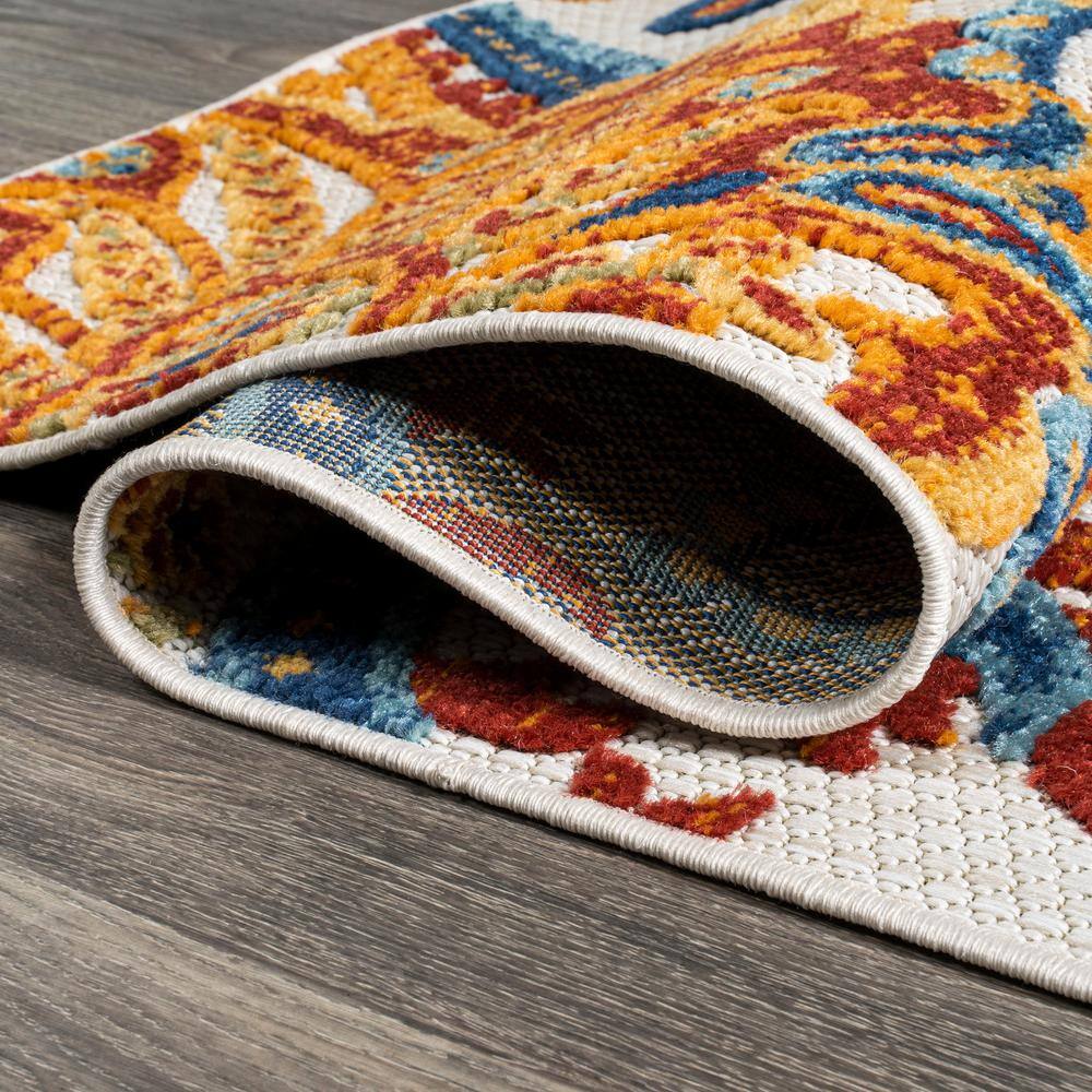 Paisley High-Low Orange and Multicolor Synthetic Runner Rug