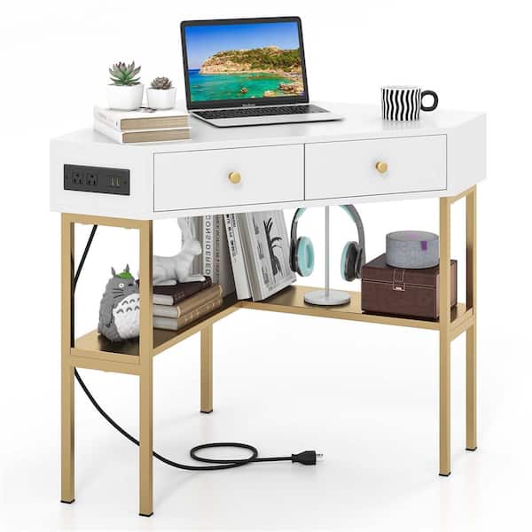 Costway 39.5 in. Corner Golden and White Wood 2-Drawer Desk with Built-in Charging Station