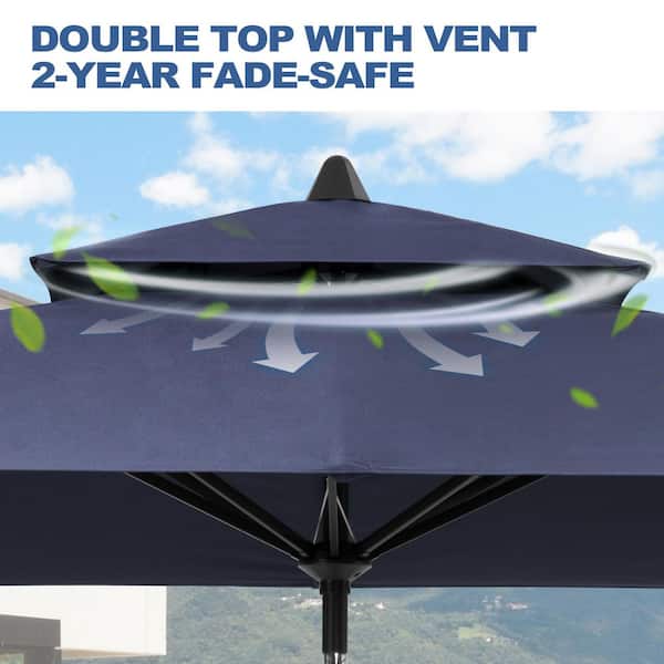 9 ft. x 5 ft. Rectangular Double Top Market Tilt Patio Umbrella Table Umbrella in Navy Blue, 45 lbs. Cement Wheeled Base