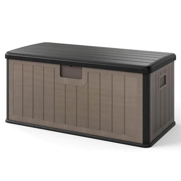 100 Gal. Brown and Black Plastic Deck Box with Lockable Design & Gas Strut Handle 2 Person Bench Garden Organizer