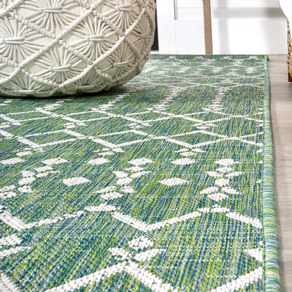 Green and Ivory Geometric Flat Woven Runner Rug