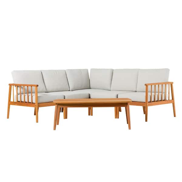Welwick Designs Natural 6-Piece Eucalyptus Wood Modern Spindle Patio Conversation Sectional Seating Set with Light Pewter Cushions