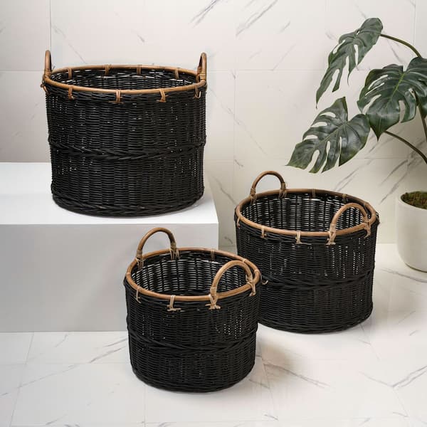 Vista Black 18.11 in. x 17.32 in. Rattan Wicker Nesting Storage Decorative Basket, Black (Set of 3)