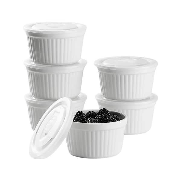 6-Piece White Porcelain Ramekins with Airtight Lids Ceramic Oven Safe Date Tracking Souffle Baking Set