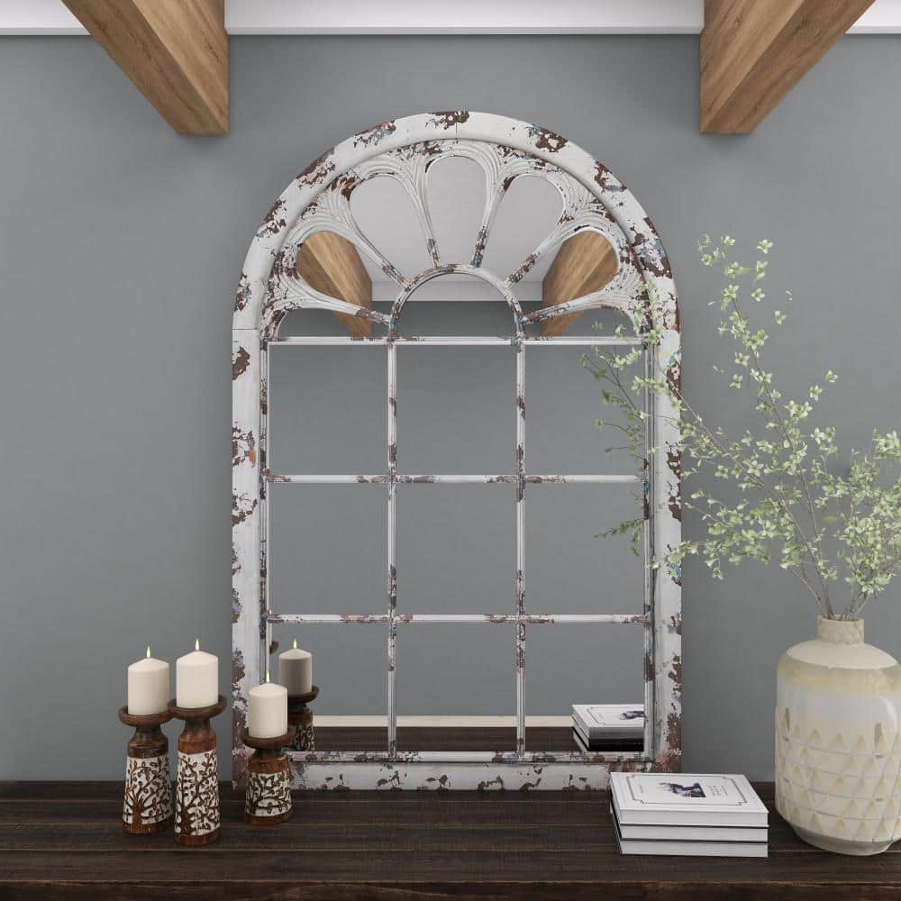 White Distressed Wood Arched Windowpane Wall Mirror