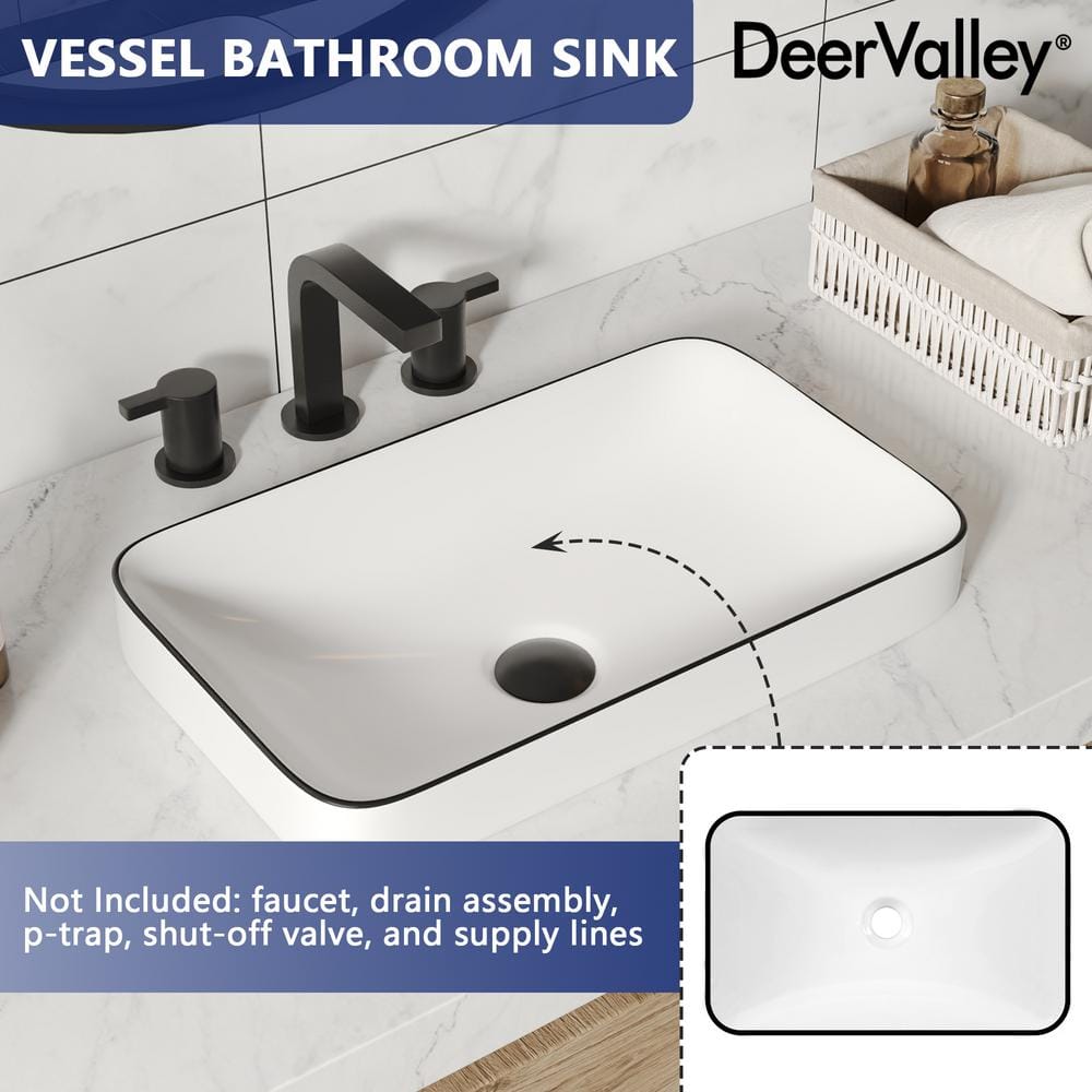 White and Black Ceramic Rectangular Above-Counter Vessel Sink