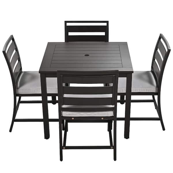 HOTEBIKE Dark Brown 5-Piece Acacia Wood Patio Outdoor Dining Set with Gray Cushions and Umbrella Hole