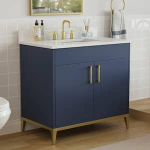 Barrie 37 in. Single Sink Freestanding Blue Bath Vanity with White Engineered Stone Top and Backsplash Assembled