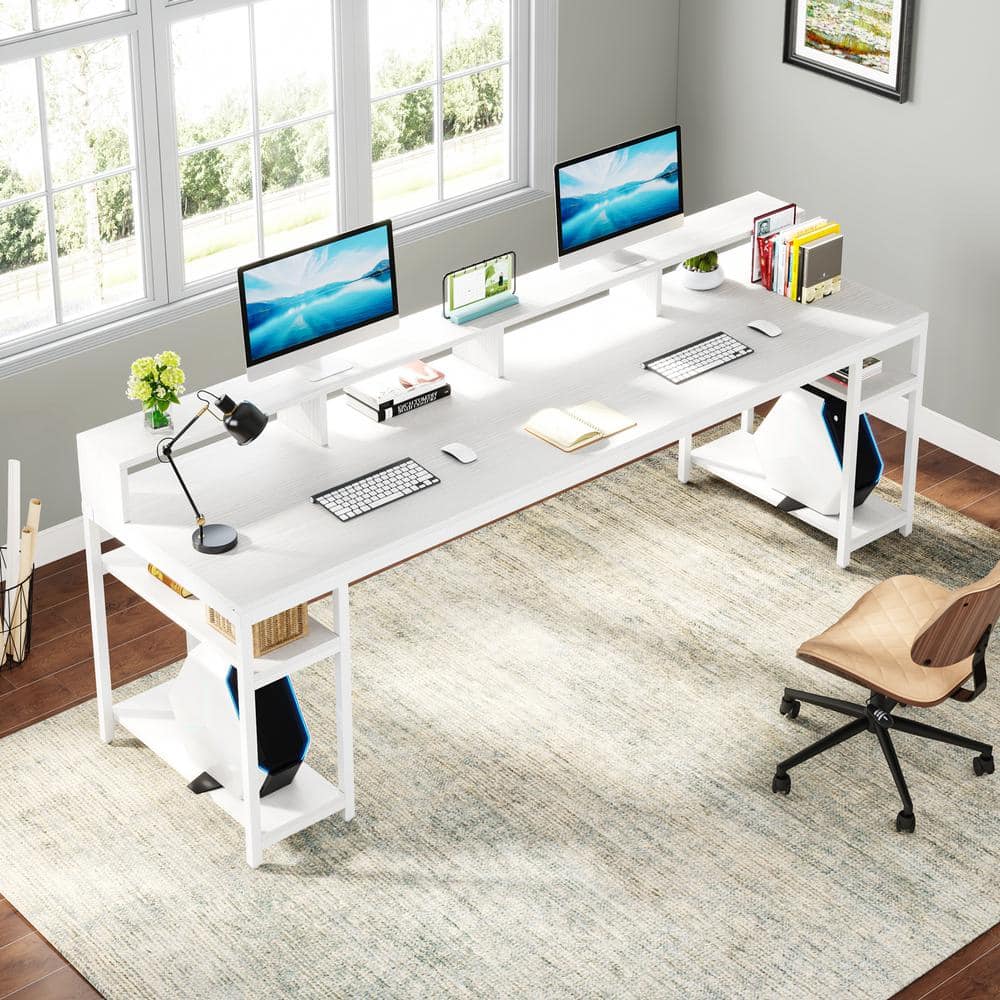 White Double Workstation Desk with Bookshelf and Storage Shelves