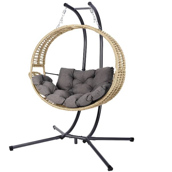 Black Metal Patio Swing with Gray Cushion with Stand