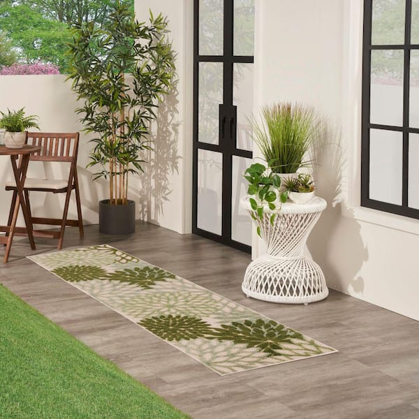 Aloha Ivory Green 2 ft. x 6 ft. Floral Contemporary Runner Indoor/Outdoor Area Rug