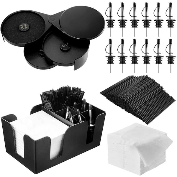 12-Piece Black 3 Tier Bar Tool Set Include 3 Tier Salt Rim Box,  Wine Spouts, Storage Box, Stirring Sticks and Napkins