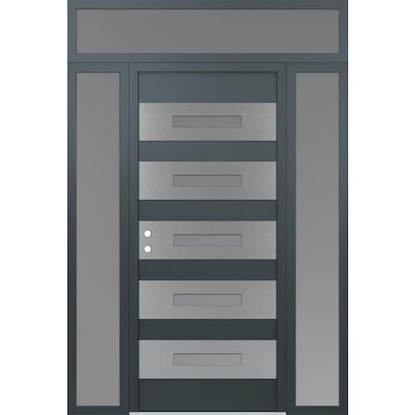 D9 64 in. x 96 in. Silver P Right-Hand/Inswing Frosted Glass Anth/Anth 2 Sidelite + Transom Steel Prehung Front Door