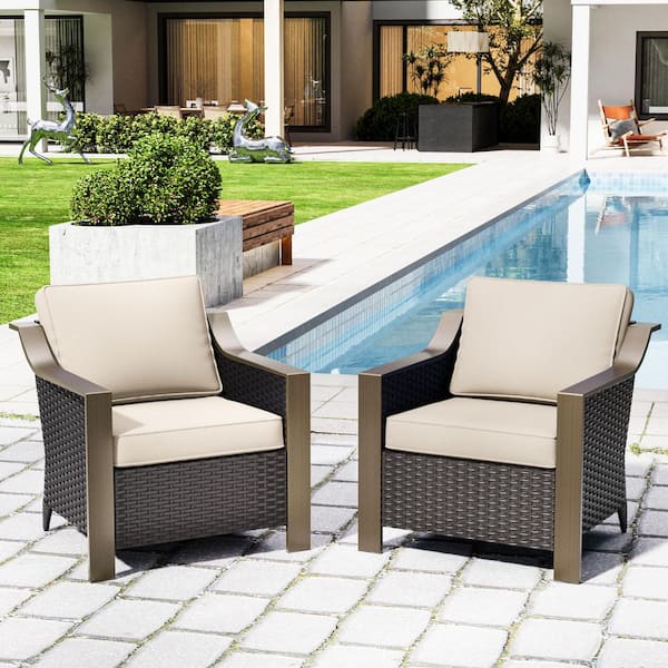 2-Piece Wicker Outdoor Lounge Chair with Gracefully Sloped Armrest and Beige Cushions