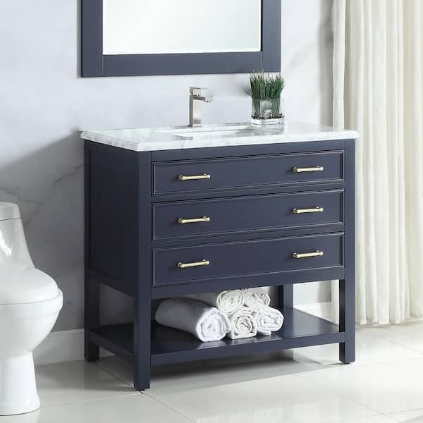 Smania 36 in. W x 22 in. D x 35.63 in. H Single Sink Freestanding Bath Vanity in Marine Blue with Carrara Marble Top