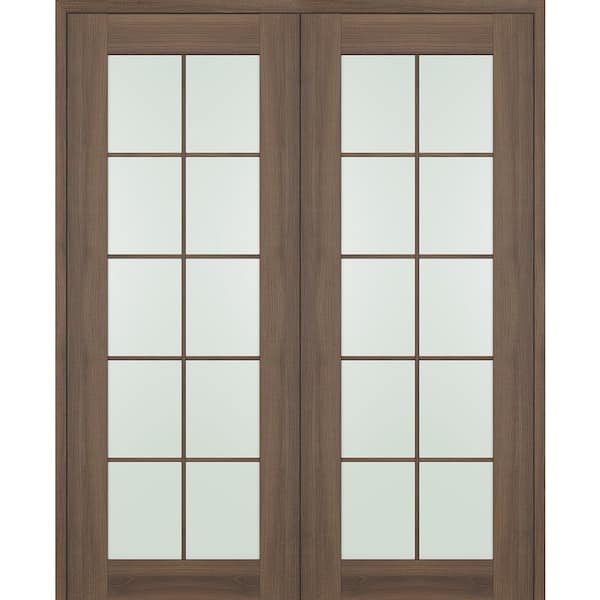 Vona 72 in. x 96 in. 10-Lite Both Active Frosted Glass Pecan Nutwood Wood Composite Double Prehung French Door