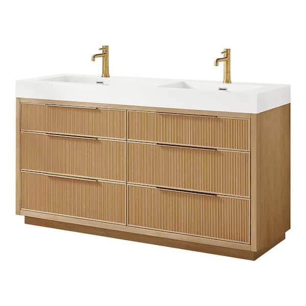 Hohhot 59.8 in. W x 19.7 in. D x 33.8 in. H Double Bath Vanity in Washed Ash Grey with White Engineered Stone Top