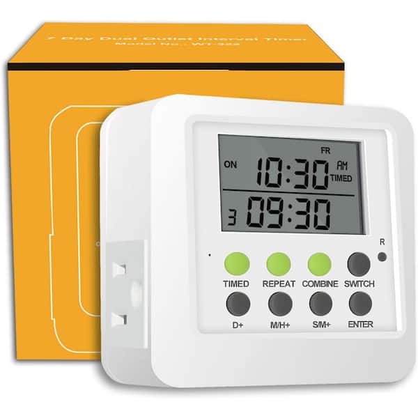 Vrbgify 15 Amp 1875W 1440 min. Indoor Countdown Digital Dual Outlets Interval Repeat Cycle Timer Plug with 24/7 Timing Programs