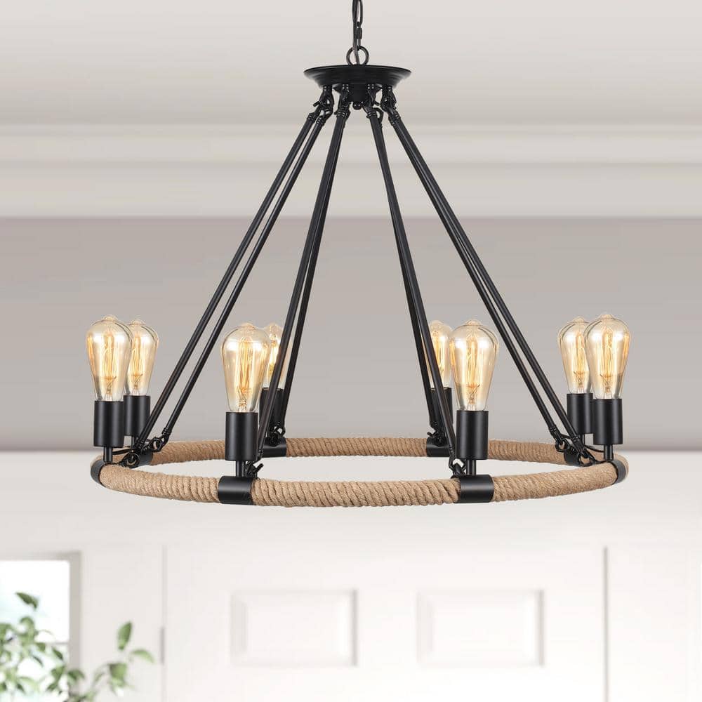 8-Light Black Circle Candle Design Wagon Wheel Chandelier Hemp Rope Linear Lighting Fixture for Kitchen Island price history on PriceWatchPro