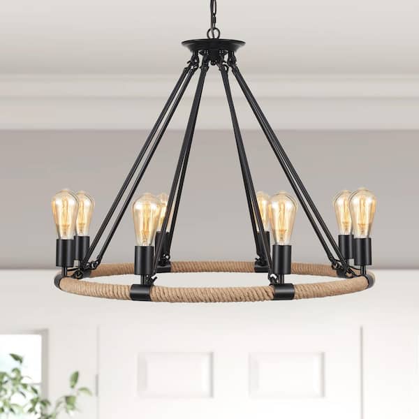 8-Light Black Circle Candle Design Wagon Wheel Chandelier Hemp Rope Linear Lighting Fixture for Kitchen Island