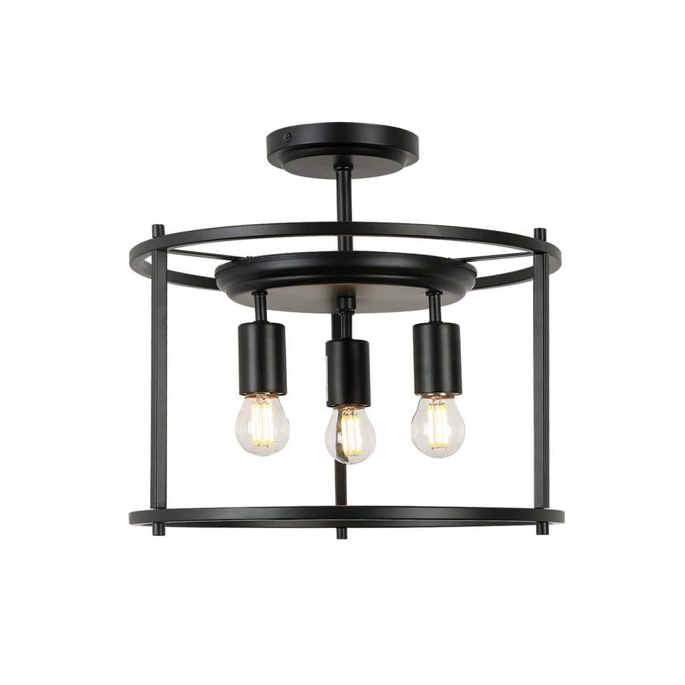 Jushua 3 Light Semi Flush Mount Indoor Modern Drum Cage Design Matte Black Ceiling Lamp Z Ct