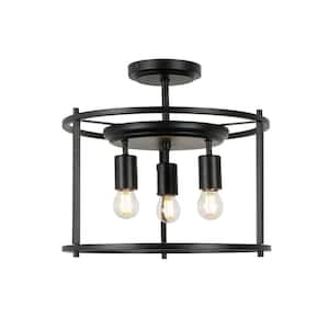 3-Light Semi-flush mount Indoor Modern Drum Cage design Matte Black Ceiling Lamp
