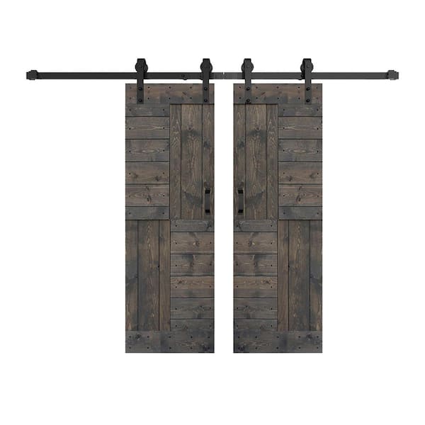 ISLIFE S-Series 56 in. x 84 in. Smoky Gray Finished DIY Solid Wood Double Sliding Barn Door with Hardware Kit