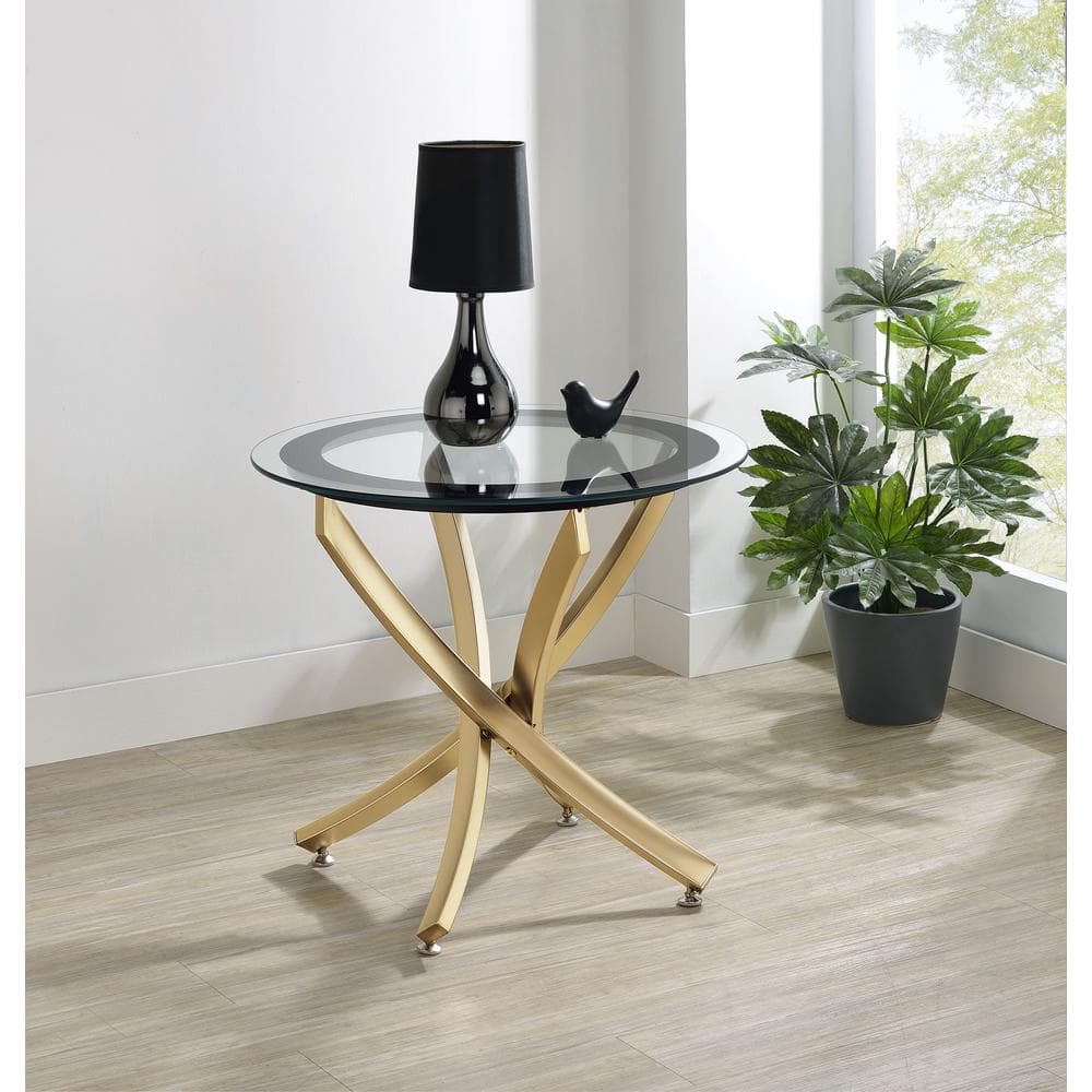 Gold Round Metal and Glass End Table with Black Frame