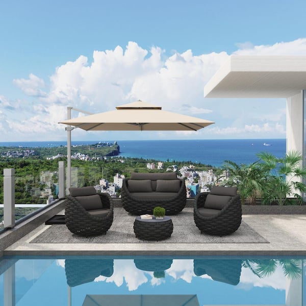 Bird's Nest 4-Piece Black Aluminum Hand-Woven Outdoor Patio Waterproof Sectional Seating Set with Dark Grey Cushions