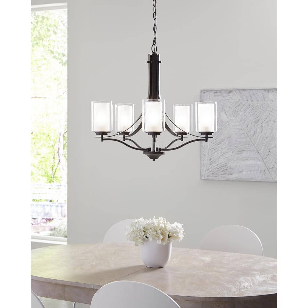 Elmwood Park Bronze 5-Light Chandelier with Satin Etched Glass