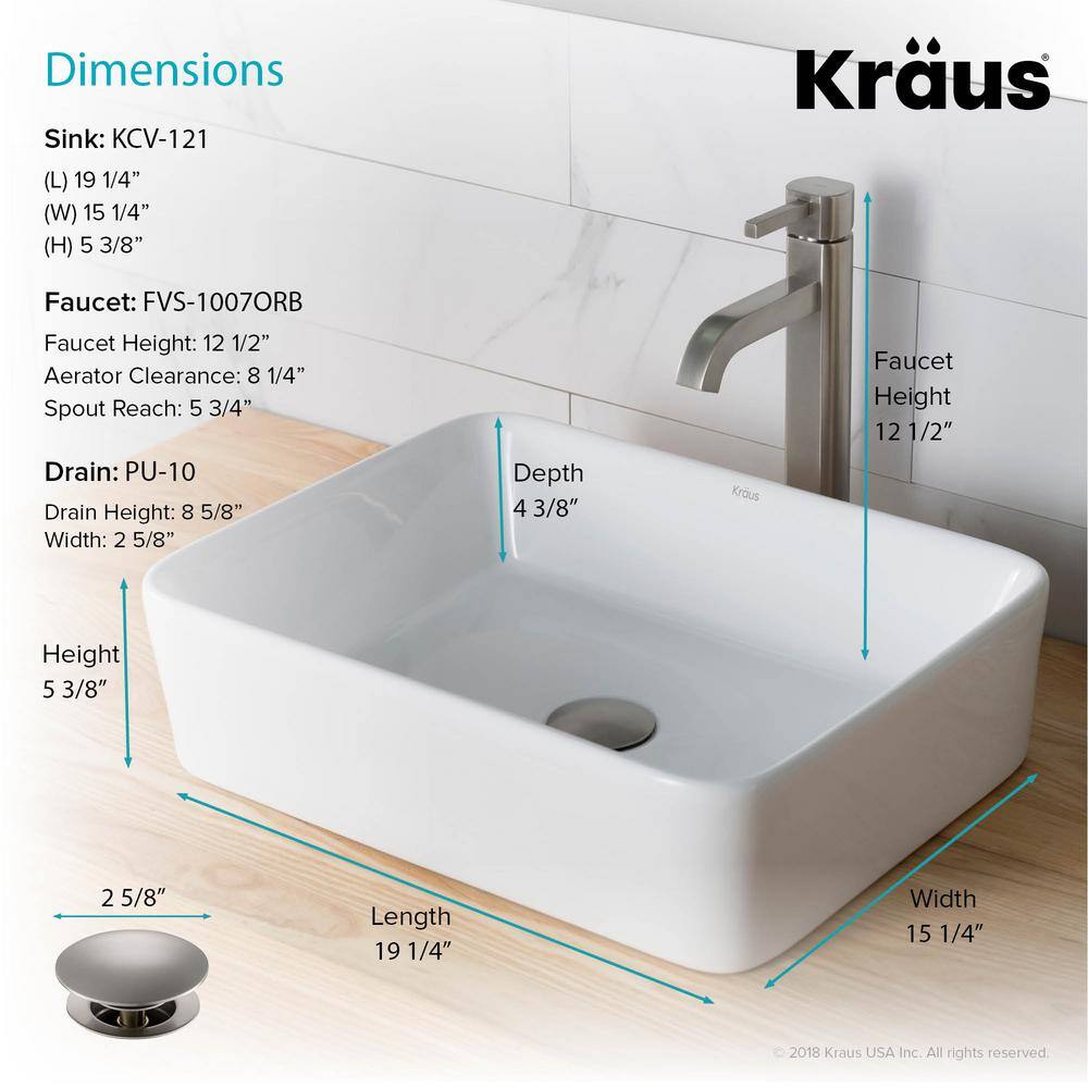 White Ceramic Rectangular Vessel Sink with Satin Nickel Faucet