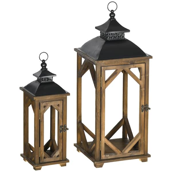 ANGELES HOME 30-1/2 in. and 20-3/4 in. H Indoor/Outdoor Fir Wood Rustic Lantern Set Garden Decor, Brown