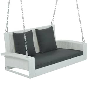 2-Person White Wicker Hanging Porch Swing Bench with Chains, Gray Cushions, Pillow for Garden, Backyard, Balcony