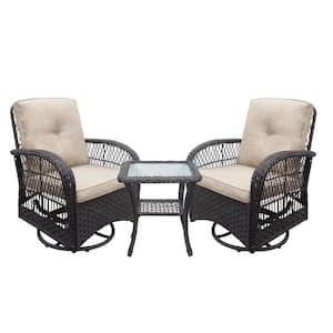 3-Piece Black Wicker Patio 360-Degree Swivel Rocking Chairs Conversation Set with Beige Cushions