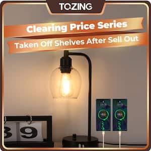 15 in. Industrial Black Table Lamp with Glass Shade for Bedrooms Bedside Lamps with USB Port and Outlet (Bulb Included)