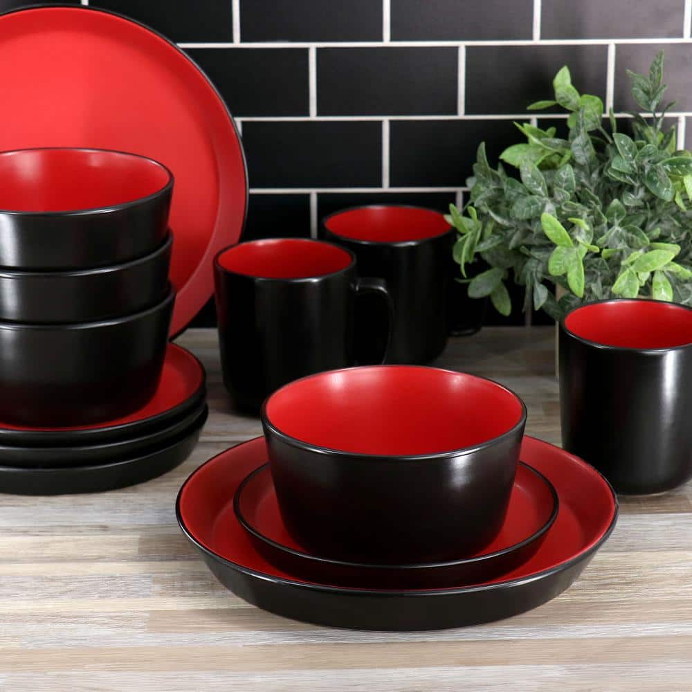 Red and Black Ceramic 16-Piece Dinnerware Set
