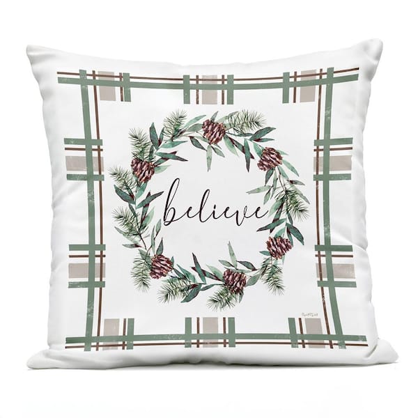Believe Wreath on Green Plaid Green Square Outdoor Throw Pillow