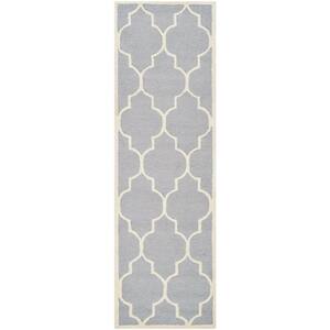 Cambridge Silver/Ivory 3 ft. x 18 ft. Border Geometric Trellis Runner Rug
