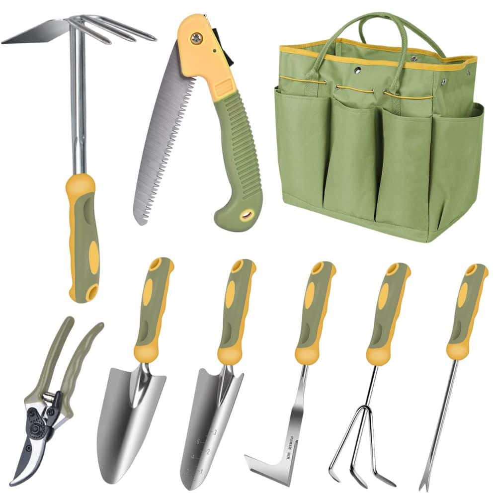 MISOPILY 9-Piece Garden Tool Set Stainless Steel Heavy Duty Hand Tools with Non-Slip Handles and Garden Tote Bag SA05OB195