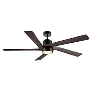 54 in. DC Indoor Ceiling Fan with Integrated LED and Remote Control, 5 Reversible Carved Wood Blades, Black
