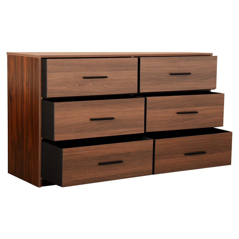 Walnut Brown 6-Drawer Double Dresser with Fabric Bins