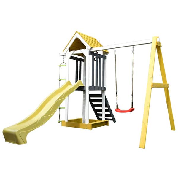 ALEKO Outdoor Wooden Glider Swing Playset In White With Yellow And Gray Accents