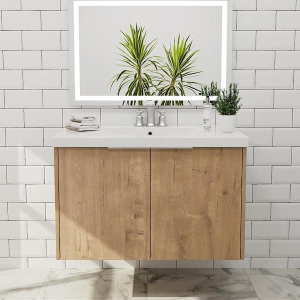 MYCASS SUGUR 30 in. W x 18. in D. x 20 in. H Wall Mount Bath Vanity Cabinet with Sink in Oak with White Resin Sink and Top