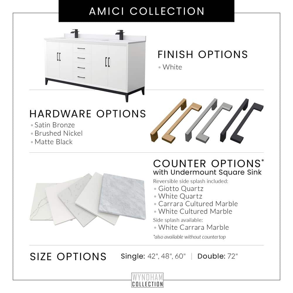 Amici 48" White Freestanding Vanity with Satin Bronze Trim