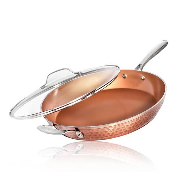 Gotham Steel Hammered Copper 14 in. Aluminum Non-Stick XL Family Frying Pan with Glass Lid