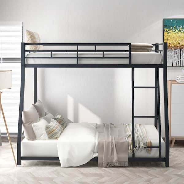 Black Metal Floor Twin over Full Bunk Bed with Ladder