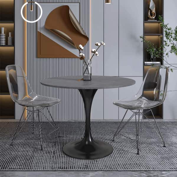 Leisuremod Verve Dining Table with a 36 in. Round Sintered Stone Tabletop and Black Steel Pedestal Base, Grey